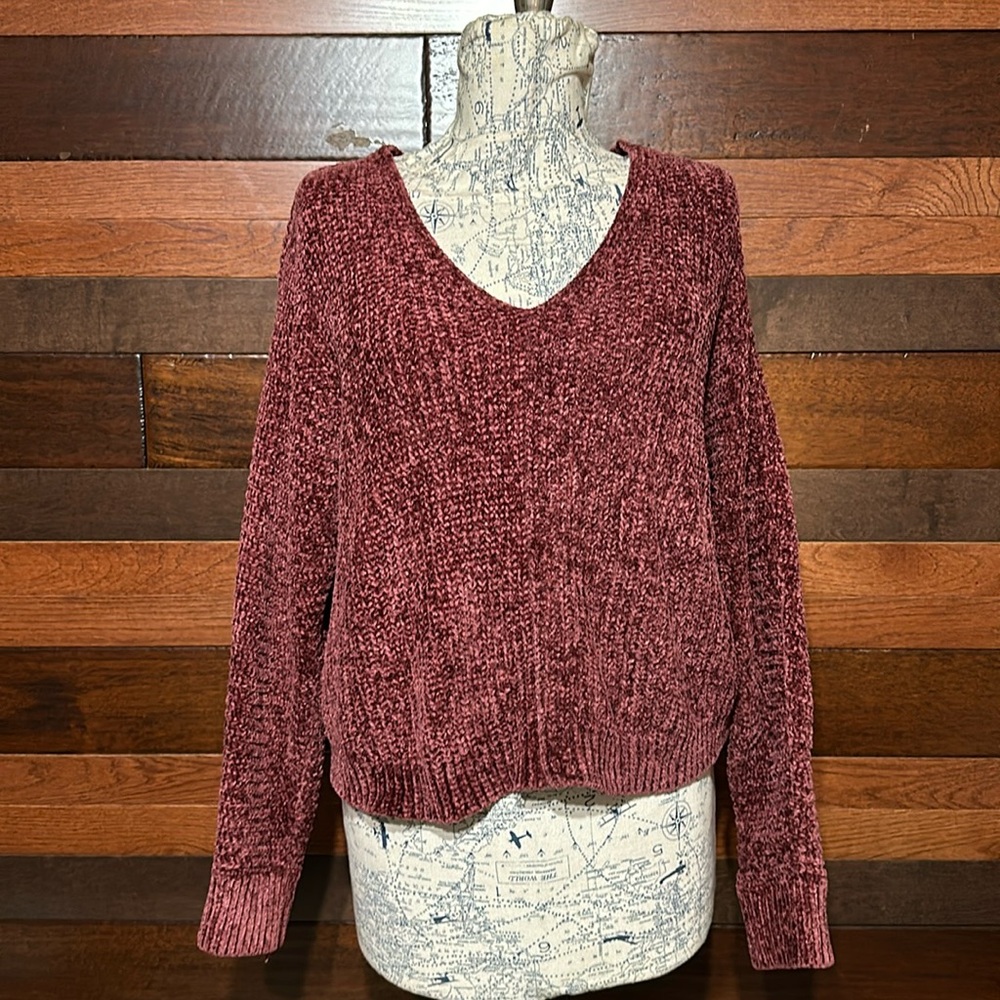Pink Rose Chunky V Neck Long Sleeve Ribbed Knit Maroon Crop Sweater
